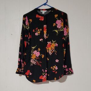 Old Navy Womens Small Black Floral Blouse Tunic Button Cuffed Sleeves